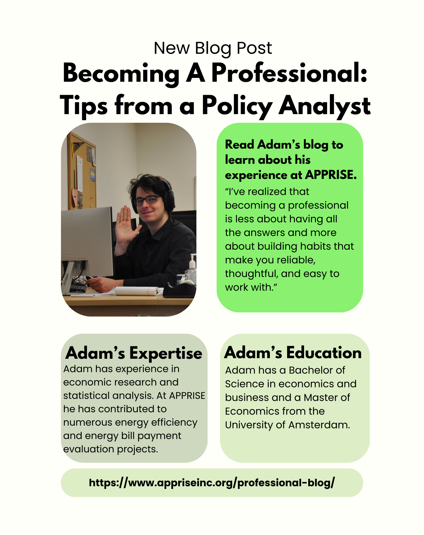 Image of Adam sitting at his desk as he waves his hand.